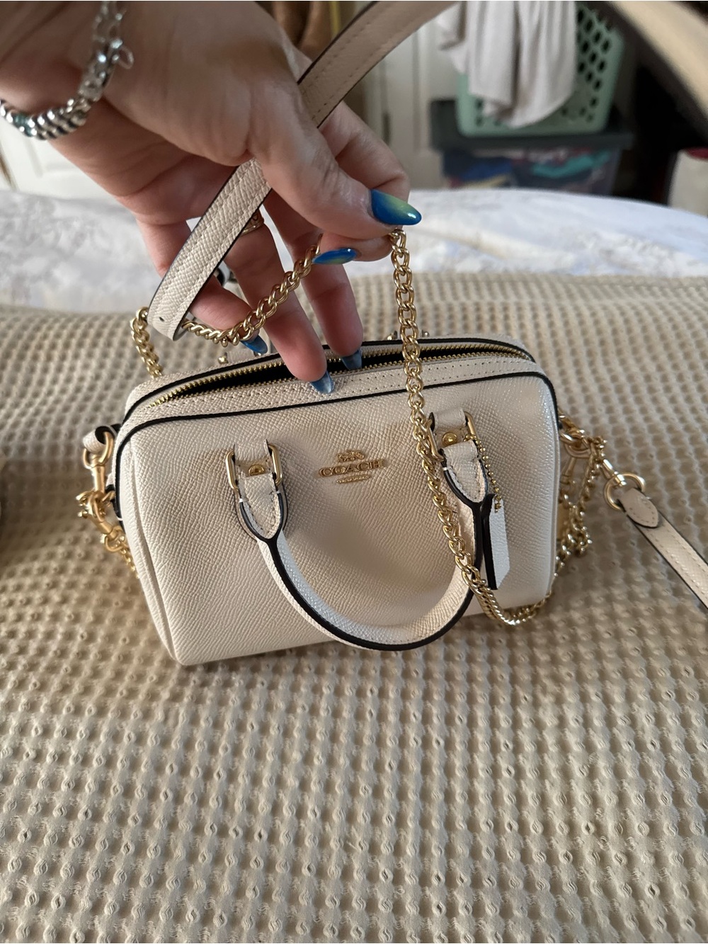 Coach Cream Pebbled Leather Mini Satchel with Gold Chain